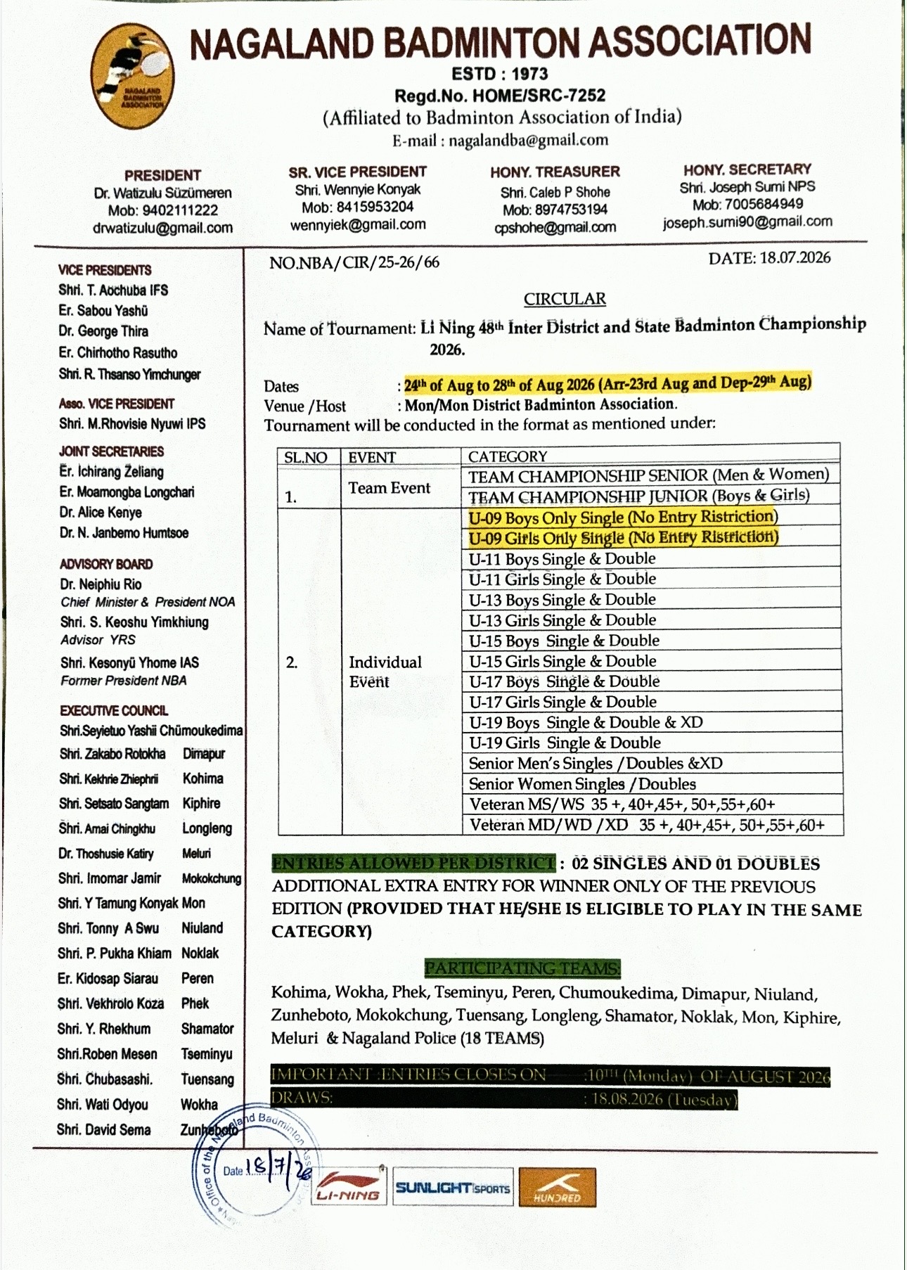 48th Li Ning Inter District and State Badminton Championship 2026 